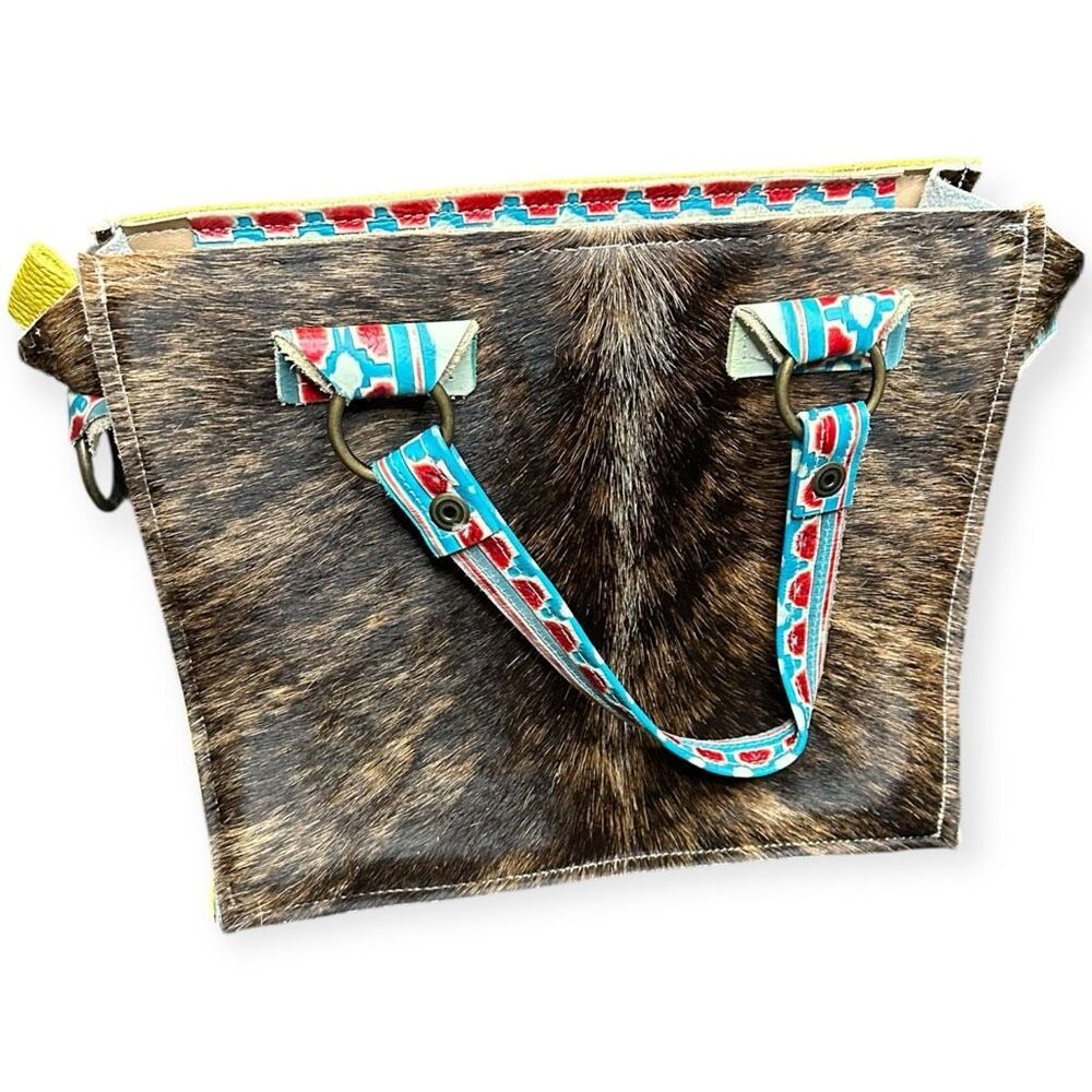 DANCING CACTUS DESIGNS Yellow Leather & Cowhide Tote Bag with Removable Strap